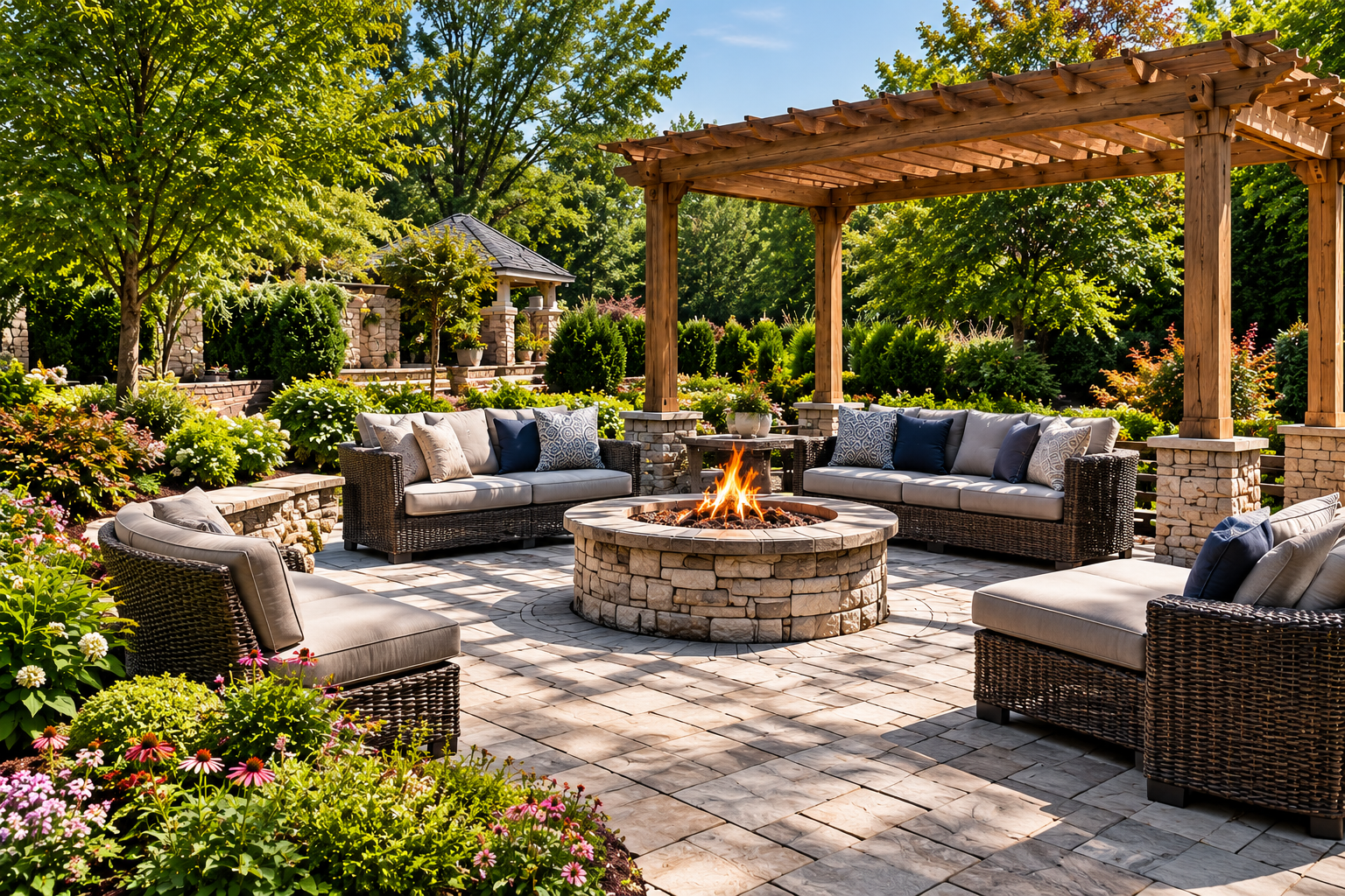 Luxury garden patio with fire pit