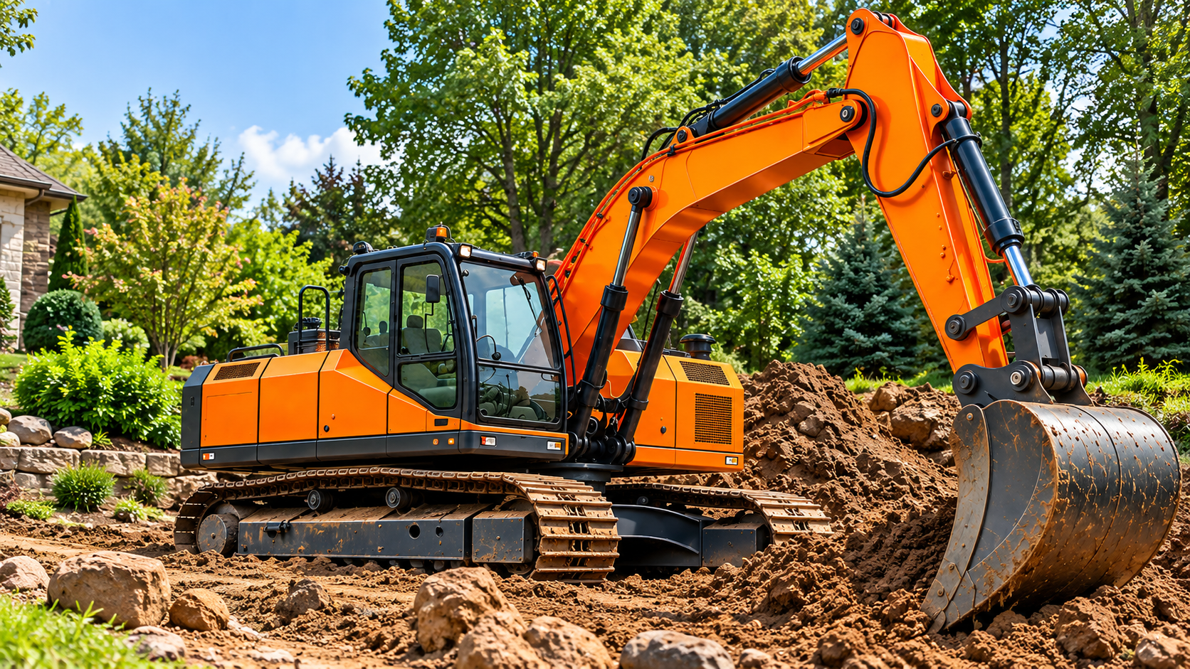 Orange excavator in landscaped yard